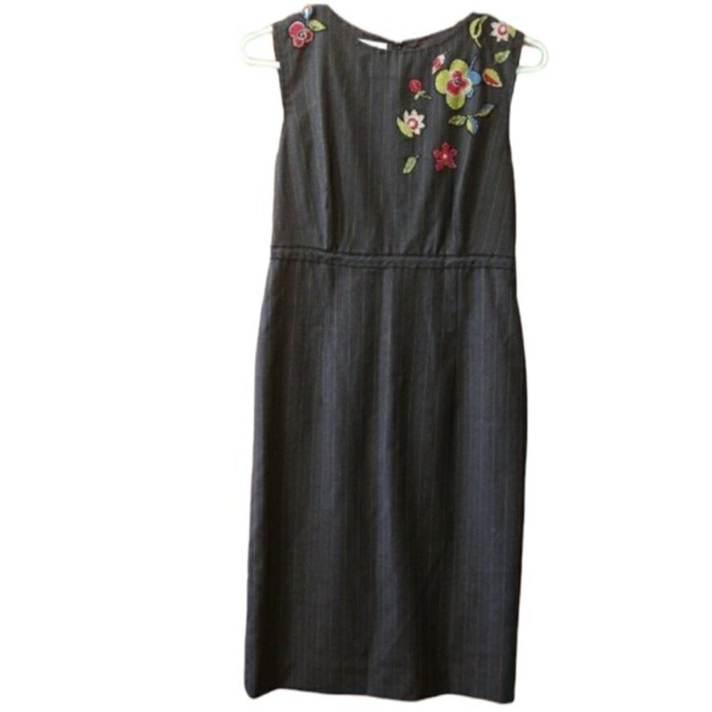 Moschino Embroidered Floral Pin Stripe Pencil Dress Medium Vintage Sheath Glam